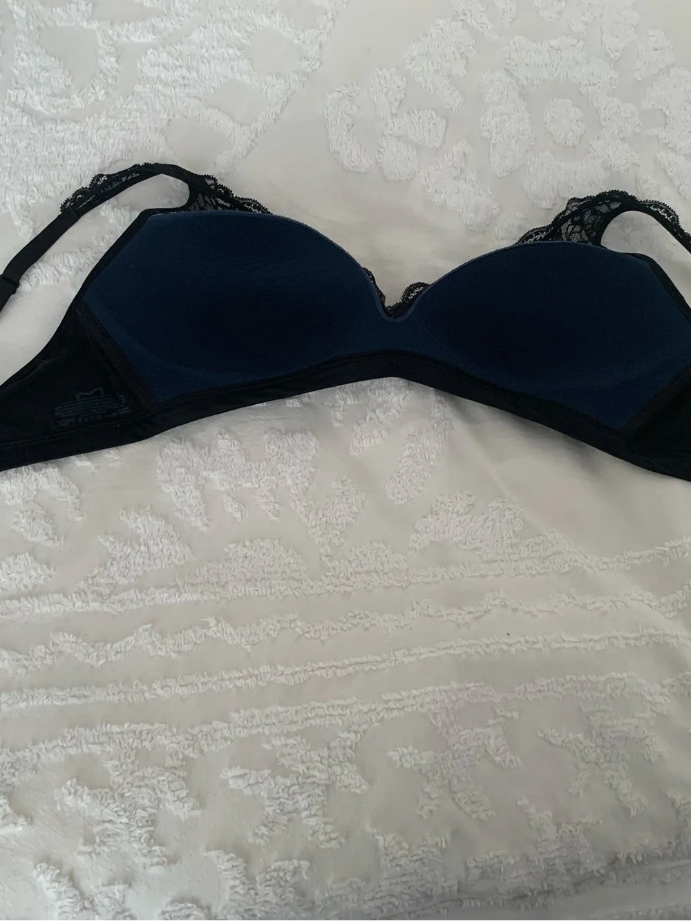 Maidenform Bra: Soft Dark Navy Cups with Black Lace, XL